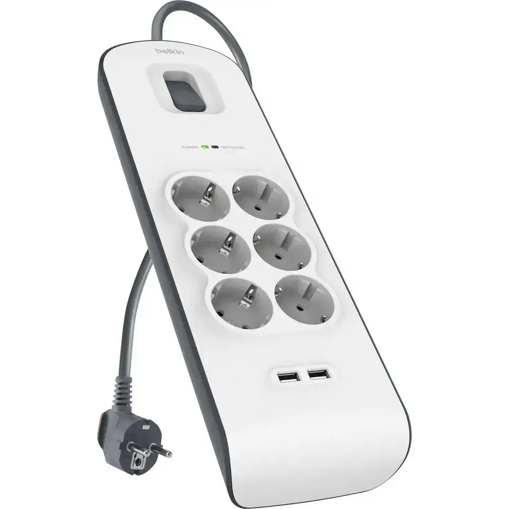 Сетевой фильтр-удлинитель Belkin 6-Outlet Surge Protector 2m, 6 розеток, 2xUSB 2.4A (BSV604vf2M)