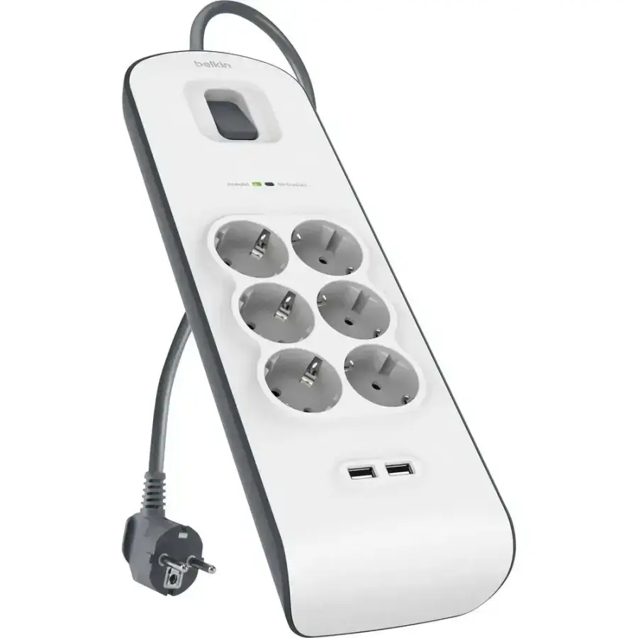 Мережевий фільтр-подовжувач Belkin 6-Outlet Surge Protector 2m, 6 розеток, 2xUSB 2.4A (BSV604vf2M)
