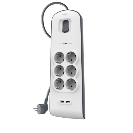 Мережевий фільтр-подовжувач Belkin 6-Outlet Surge Protector 2m, 6 розеток, 2xUSB 2.4A (BSV604vf2M)