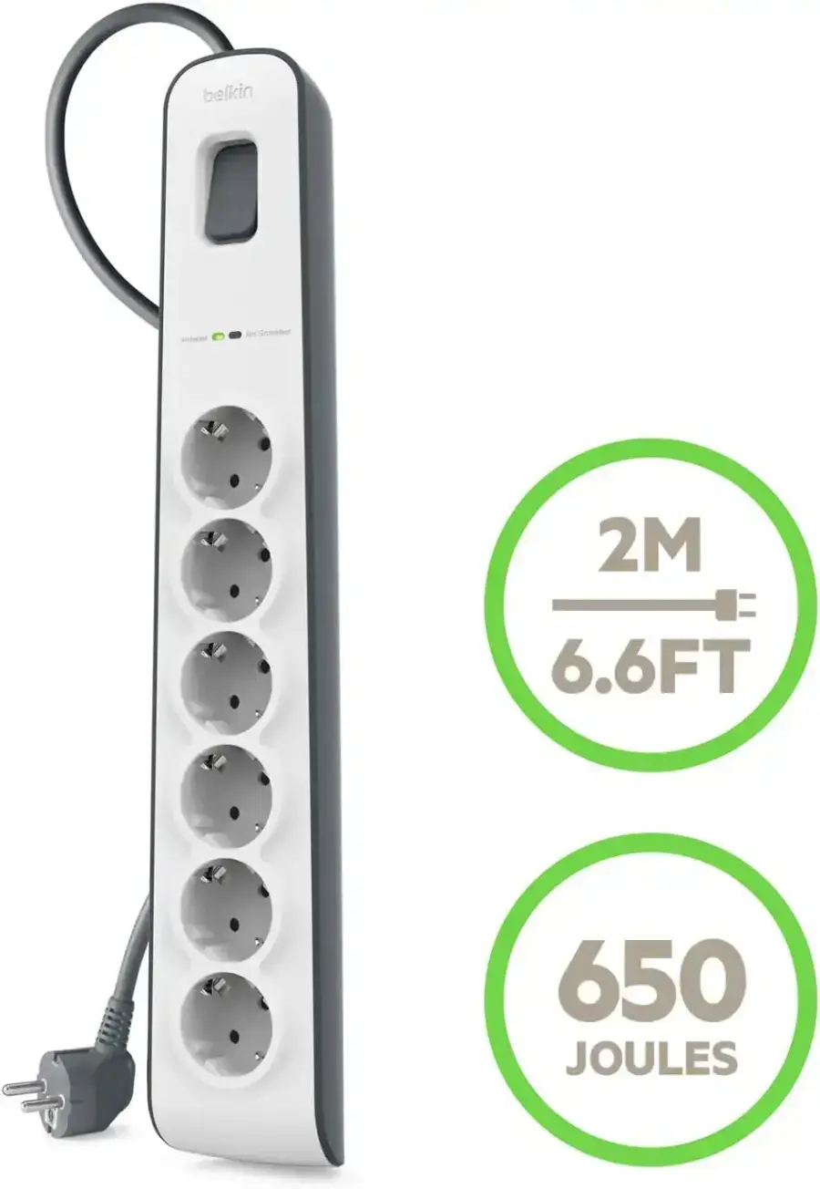 Мережевий фільтр-подовжувач Belkin 6-Outlet Surge Protector 2m, 6 розеток (BSV603vf2M)