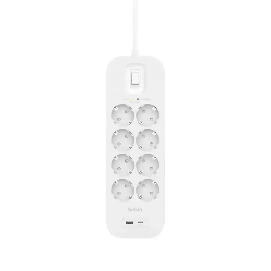 Мережевий фільтр-подовжувач Belkin 8-Outlet Surge Protector 2m, 8 розеток, 1xUSB-А, 1xUSB-C (SRB003vf2M)
