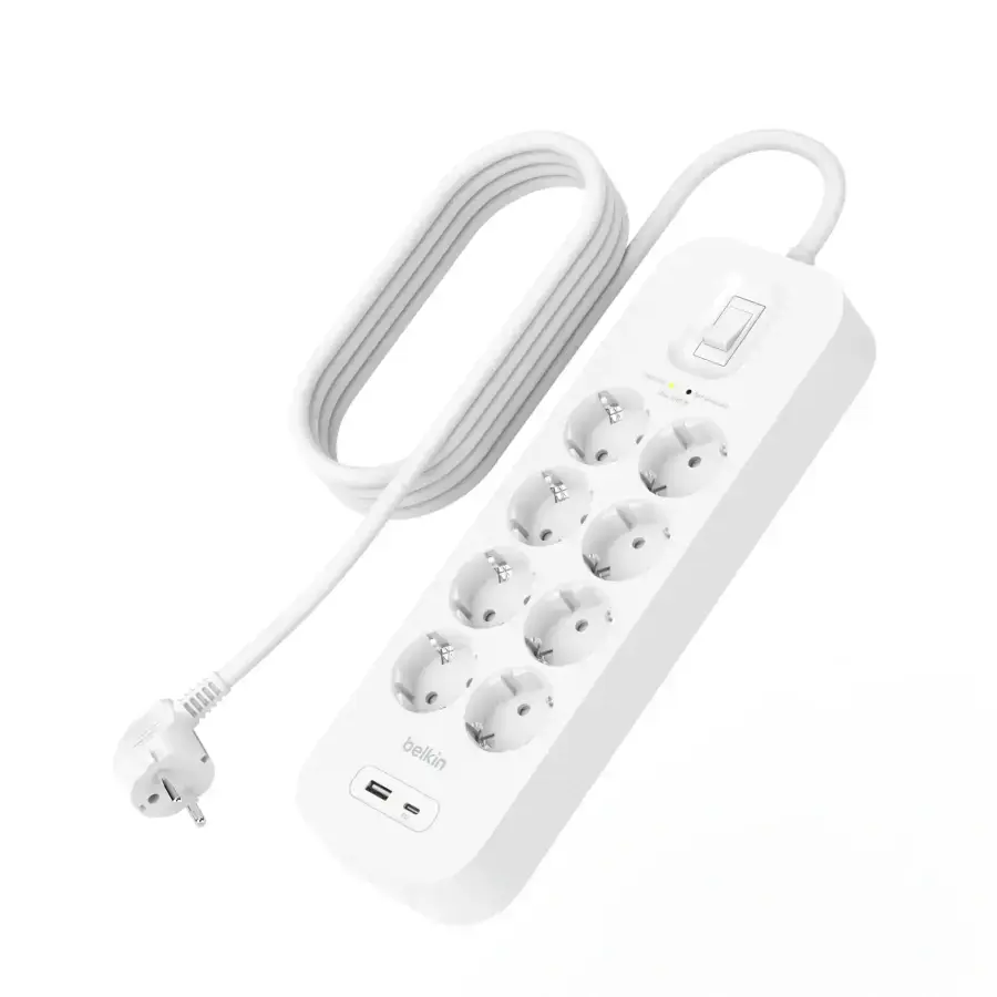 Мережевий фільтр-подовжувач Belkin 8-Outlet Surge Protector 2m, 8 розеток, 1xUSB-А, 1xUSB-C (SRB003vf2M)