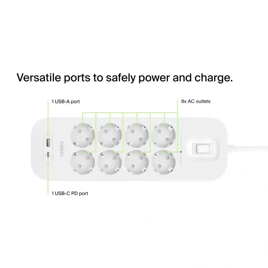 Мережевий фільтр-подовжувач Belkin 8-Outlet Surge Protector 2m, 8 розеток, 1xUSB-А, 1xUSB-C (SRB003vf2M)