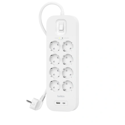 Сетевой фильтр-удлинитель Belkin 8-Outlet Surge Protector 2m, 8 розеток, 1xUSB-А, 1xUSB-C (SRB003vf2M)