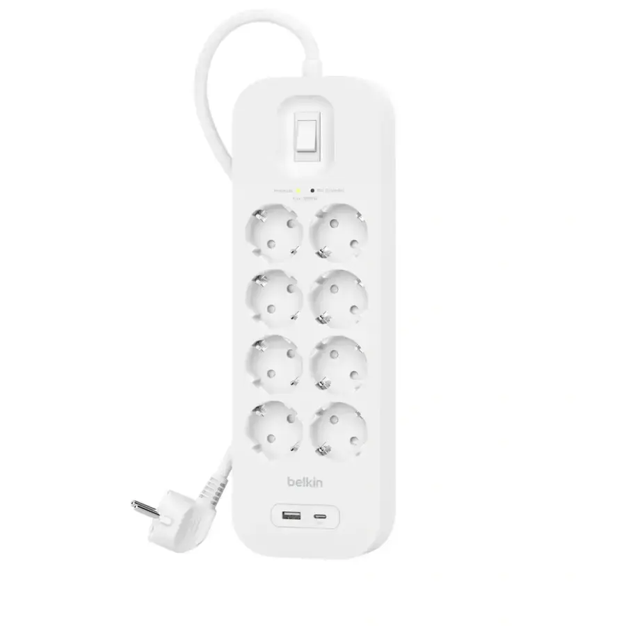 Мережевий фільтр-подовжувач Belkin 8-Outlet Surge Protector 2m, 8 розеток, 1xUSB-А, 1xUSB-C (SRB003vf2M)