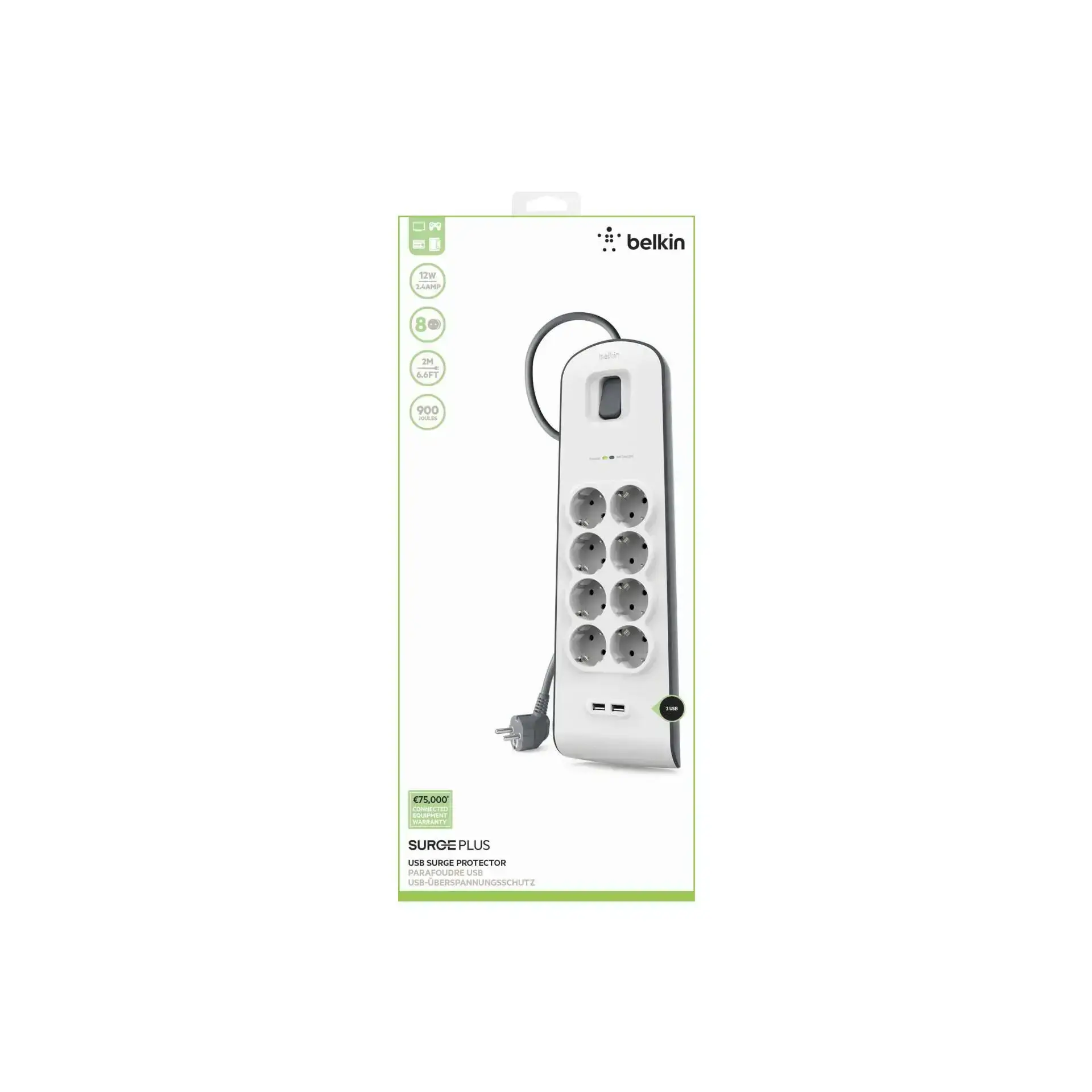 Сетевой фильтр-удлинитель Belkin 8-Outlet Surge Protector 2m, 8 розеток, 2xUSB 2.4A (BSV804vf2M)