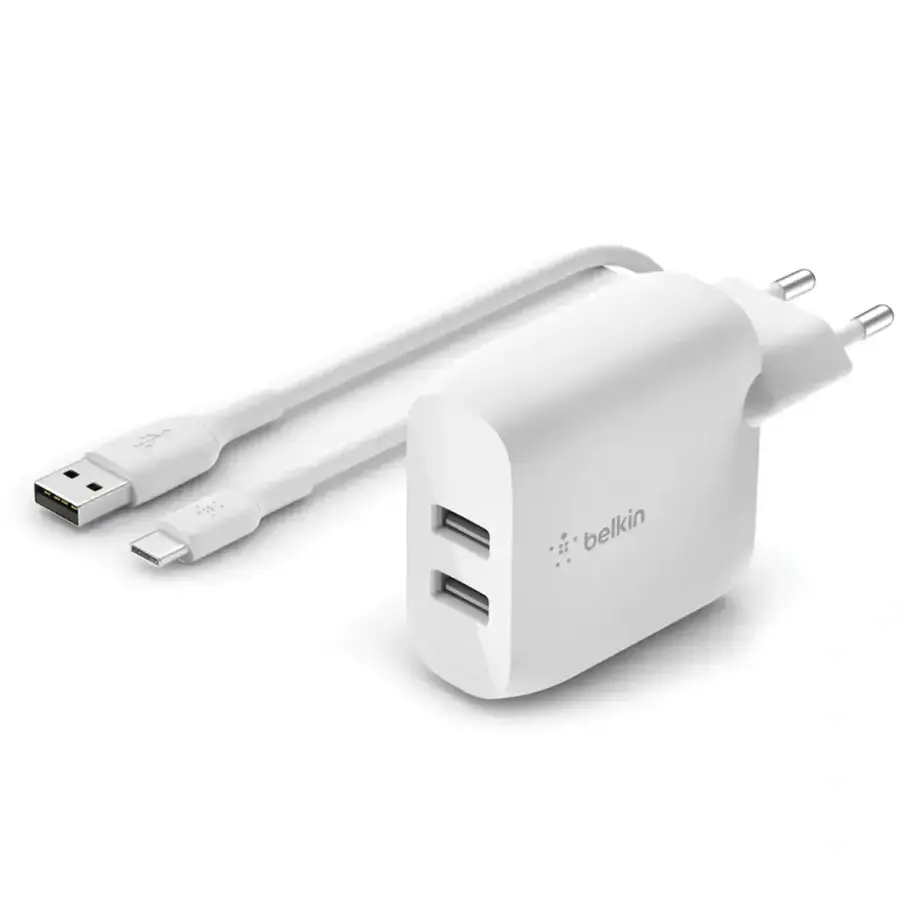 Мережевий зарядний пристрій з кабелем Belkin BoostCharge Dual USB-A Wall Charger 24W + USB-A to USB-C cable (WCE001VF1MWH)