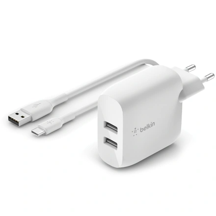 Сетевое зарядное устройство с кабелем Belkin BoostCharge Dual USB-A Wall Charger 24W + USB-A to USB-C cable (WCE001VF1MWH)
