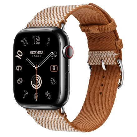 Apple Watch Hermès Series 9 GPS + Cellular 45mm Space Black Stainless Steel Case with Gold/Ecru Toile H Single Tour (MRQQ3+MTJJ3)