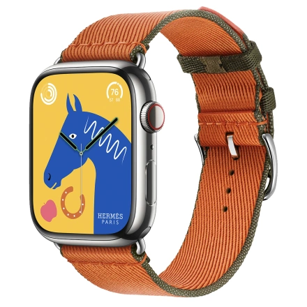 Apple Watch Hermès Series 9 GPS + Cellular 45mm Silver Stainless Steel Case with Orange/Kaki Twill Jump Single Tour (MRQP3+MTHK3)
