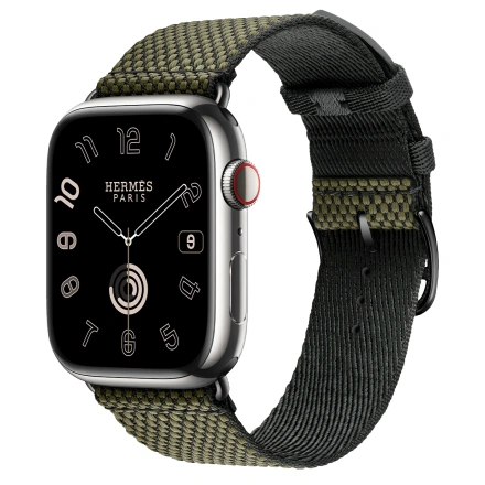 Apple Watch Hermès Series 9 GPS + Cellular 45mm Silver Stainless Steel Case with Vert/Noir Toile H Single Tour (MRQP3+MTJK3)