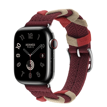 Apple Watch Hermès Series 9 GPS + Cellular 41mm Space Black Stainless Steel Case with Rouge H Bridon Single Tour (MRQ53+MTHL3)