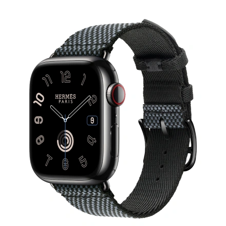 Apple Watch Hermès Series 9 GPS + Cellular 41mm Space Black Stainless Steel Case with Denim/Noir Toile H Single Tour (MRQ53+MTJH3)