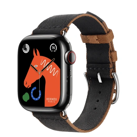 Apple Watch Hermès Series 9 GPS + Cellular 41mm Space Black Stainless Steel Case with Noir/Gold Twill Jump Single Tour (MRQ53+MTHE3)