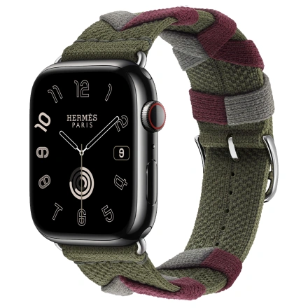 Apple Watch Hermès Series 9 GPS + Cellular 45mm Space Black Stainless Steel Case with Kaki Bridon Single Tour (MRQQ3+MTHR3)