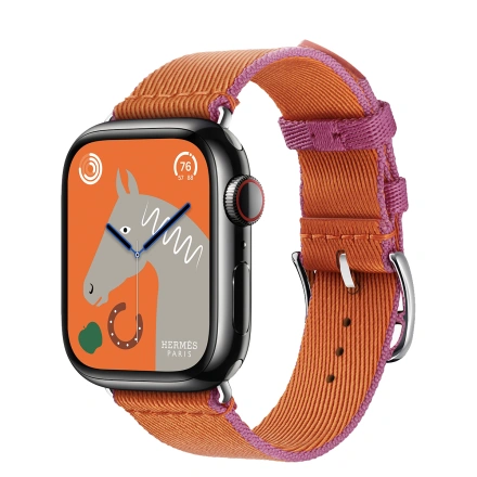 Apple Watch Hermès Series 9 GPS + Cellular 41mm Space Black Stainless Steel Case with Orange/Rose Mexico Twill Jump Single Tour (MRQ53+MTHG3)
