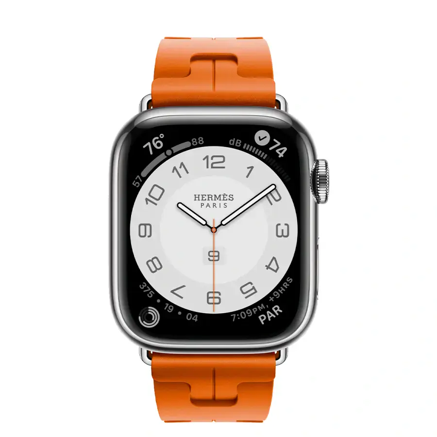 Apple Watch Hermès Series 9 GPS + Cellular 41mm Silver Stainless Steel Case with Orange Kilim Single Tour (MRQ43+MTHV3)