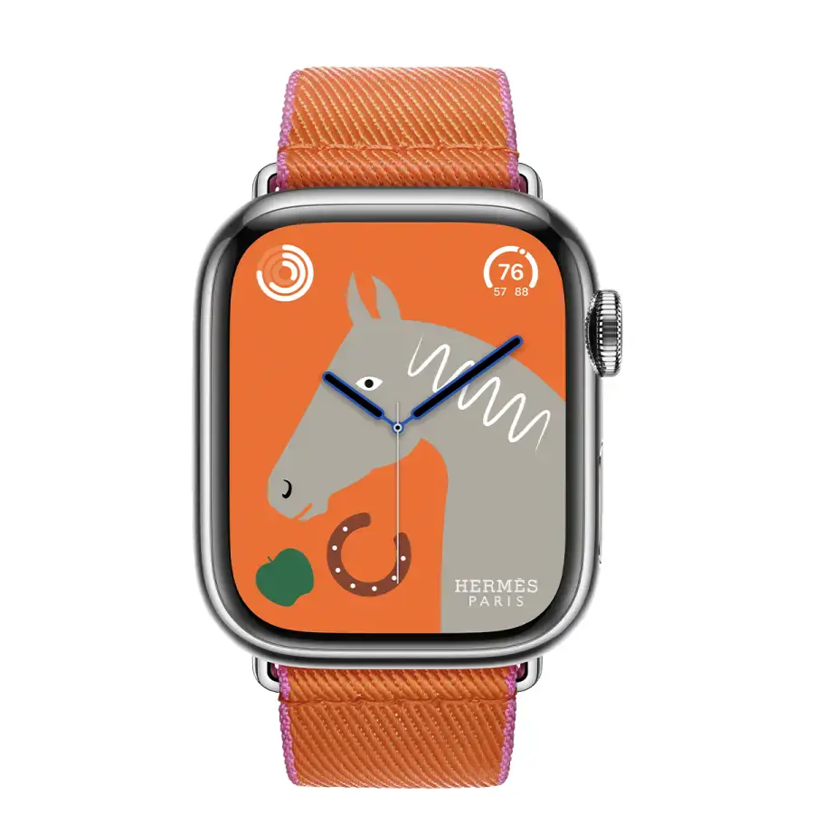 Apple Watch Hermès Series 9 GPS + Cellular 41mm Silver Stainless Steel Case with Orange/Rose Mexico Twill Jump Single Tour (MRQ43+MTHG3)