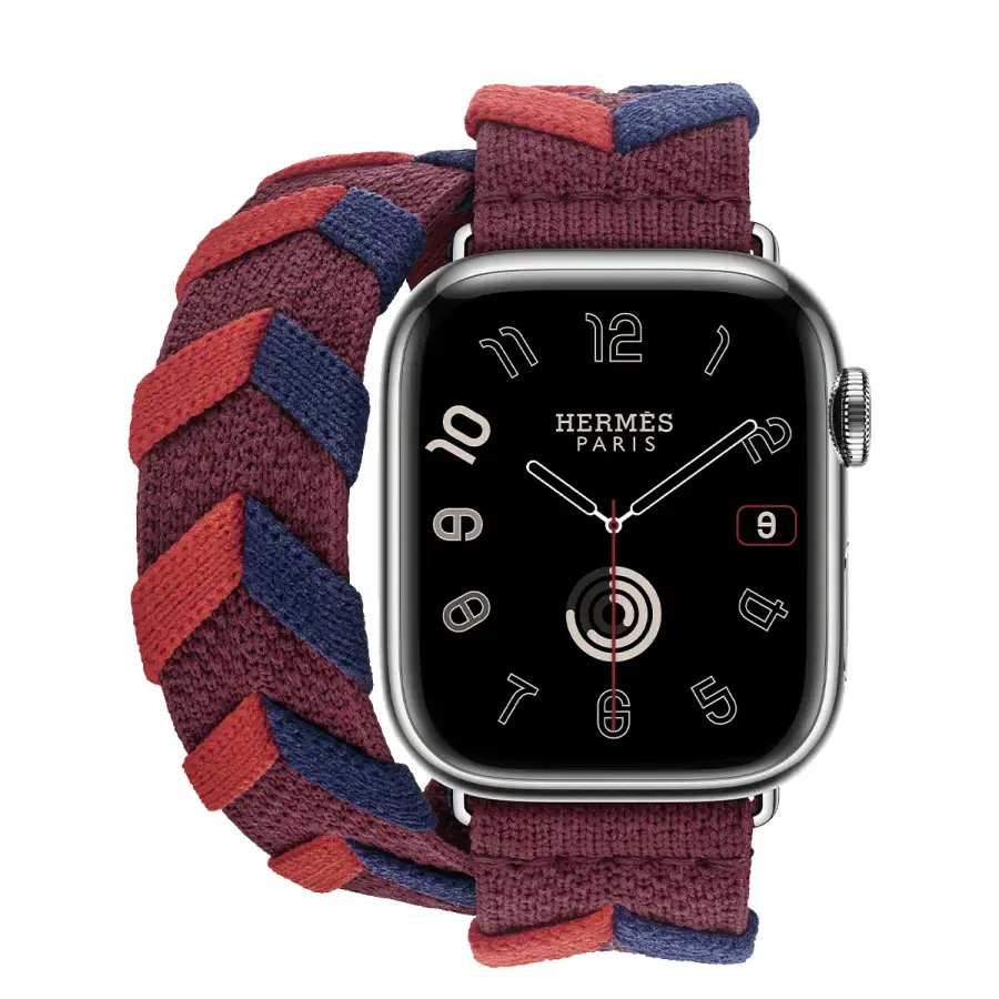 Apple Watch Hermès Series 9 GPS + Cellular 41mm Silver Stainless Steel Case with Rouge H Bridon Double Tour (MRQ43+MTHN3)