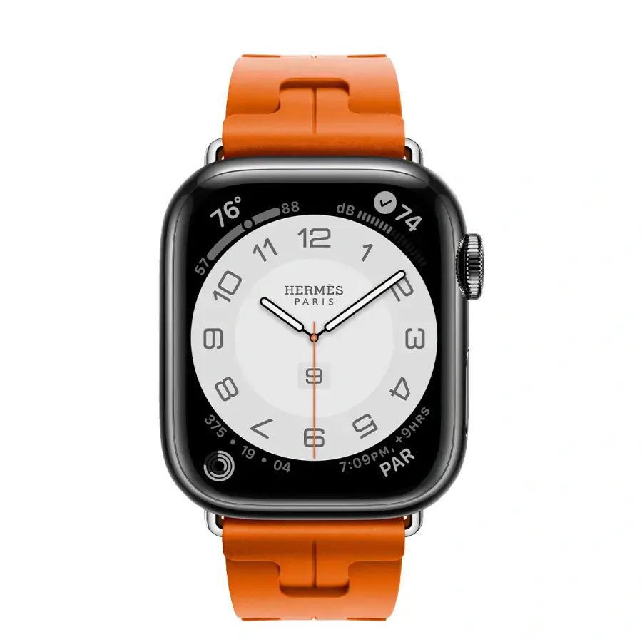 Apple Watch Hermès Series 9 GPS + Cellular 41mm Space Black Stainless Steel Case with Orange Kilim Single Tour (MRQ53+MTHV3)