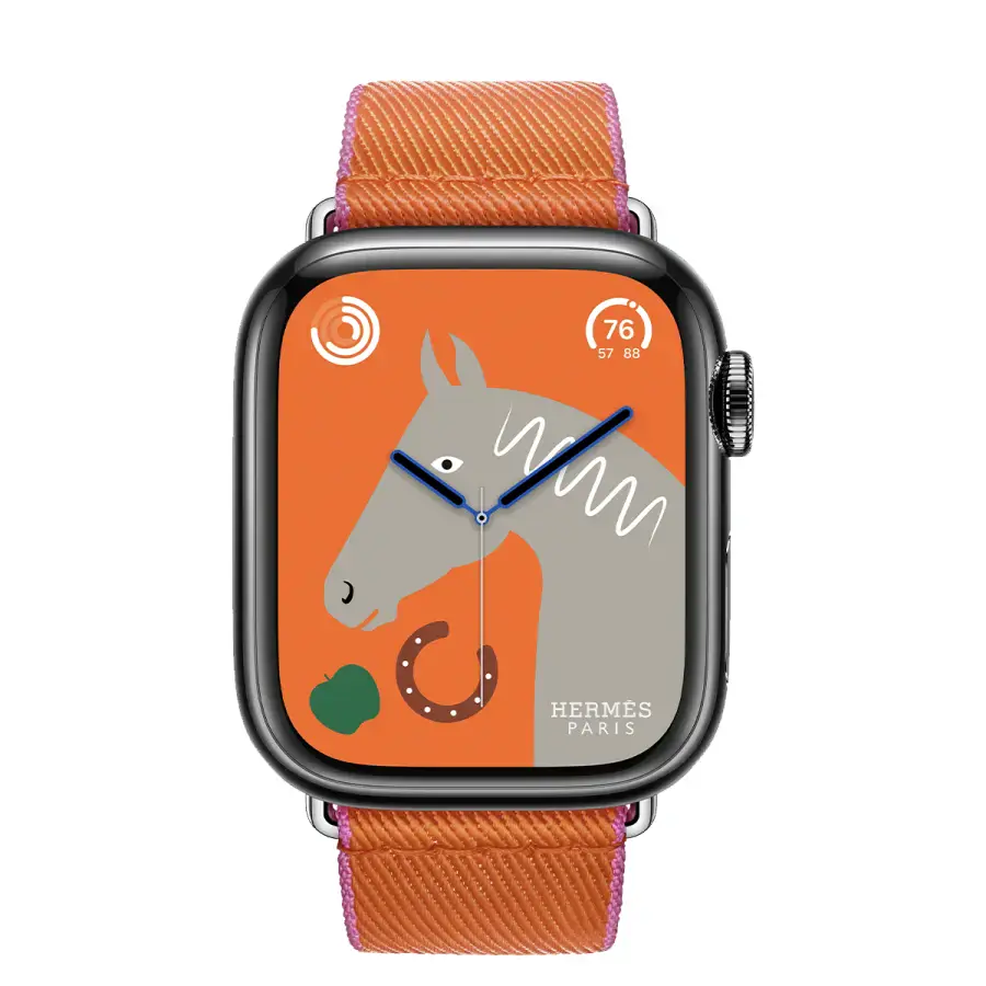 Apple Watch Hermès Series 9 GPS + Cellular 41mm Space Black Stainless Steel Case with Orange/Rose Mexico Twill Jump Single Tour (MRQ53+MTHG3)