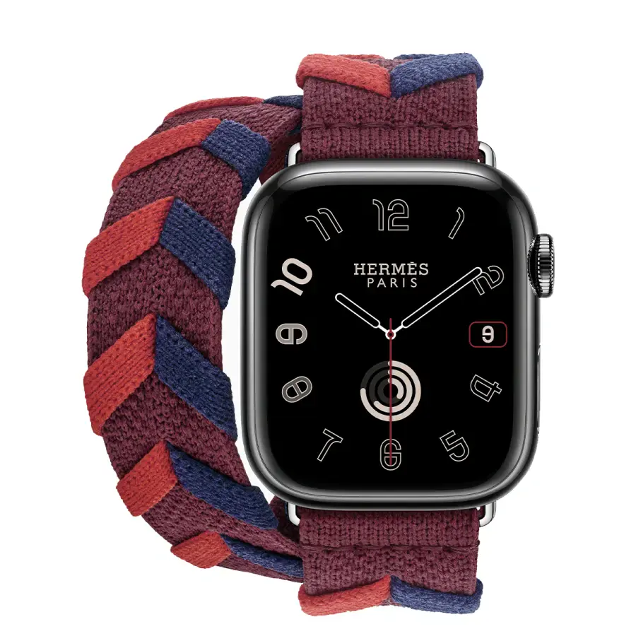 Apple Watch Hermès Series 9 GPS + Cellular 41mm Space Black Stainless Steel Case with Rouge H Bridon Double Tour (MRQ53+MTHN3)