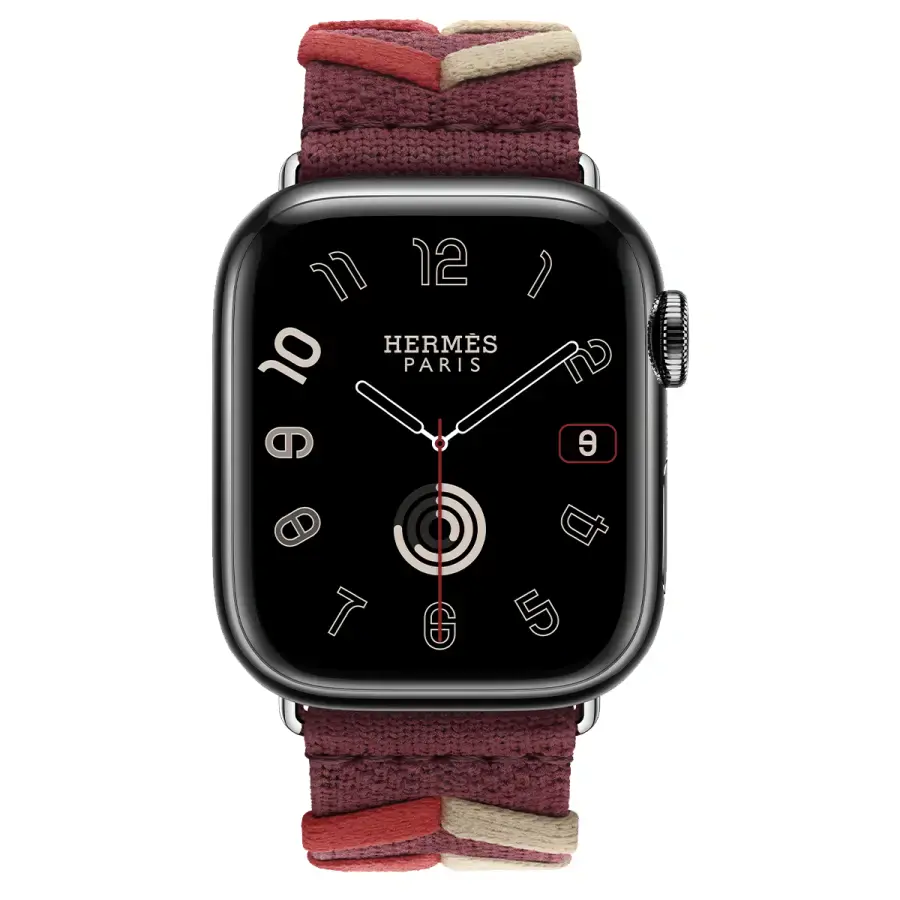 Apple Watch Hermès Series 9 GPS + Cellular 41mm Space Black Stainless Steel Case with Rouge H Bridon Single Tour (MRQ53+MTHL3)
