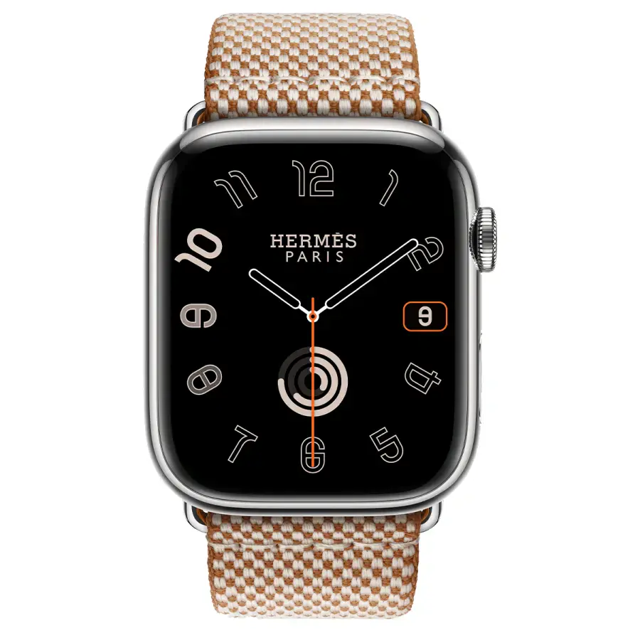 Apple Watch Hermès Series 9 GPS + Cellular 45mm Silver Stainless Steel Case with Gold/Ecru Toile H Single Tour (MRQP3+MTJJ3)