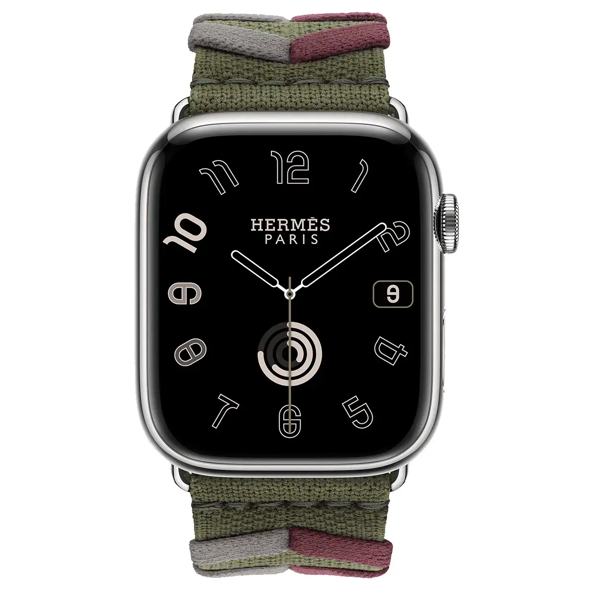 Apple Watch Hermès Series 9 GPS + Cellular 45mm Silver Stainless Steel Case with Kaki Bridon Single Tour (MRQP3+MTHR3)