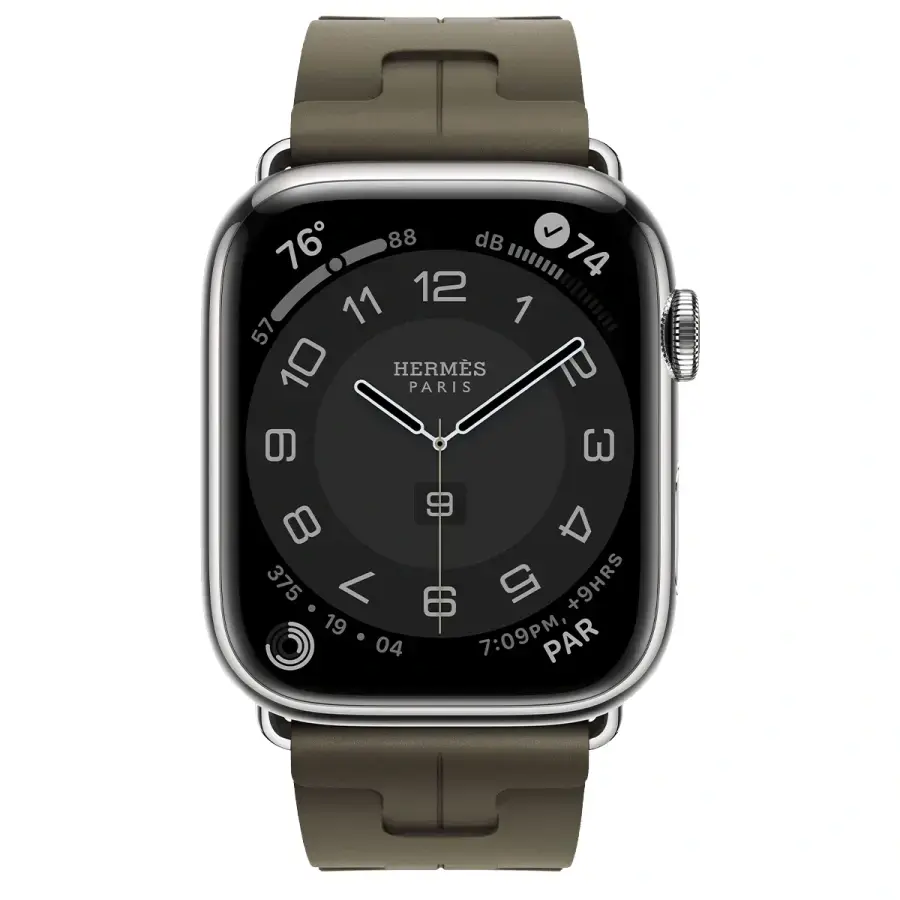 Apple Watch Hermès Series 9 GPS + Cellular 45mm Silver Stainless Steel Case with Kaki Kilim Single Tour (MRQP3+MTJ23)