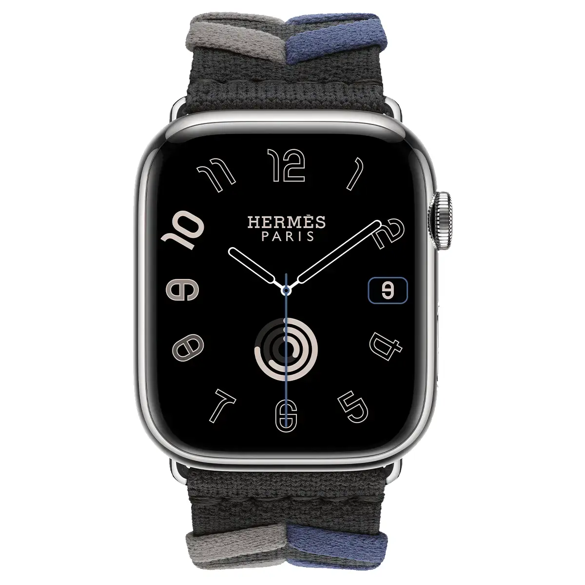 Apple Watch Hermès Series 9 GPS + Cellular 45mm Silver Stainless Steel Case with Noir Bridon Single Tour (MRQ43+MTHQ3)