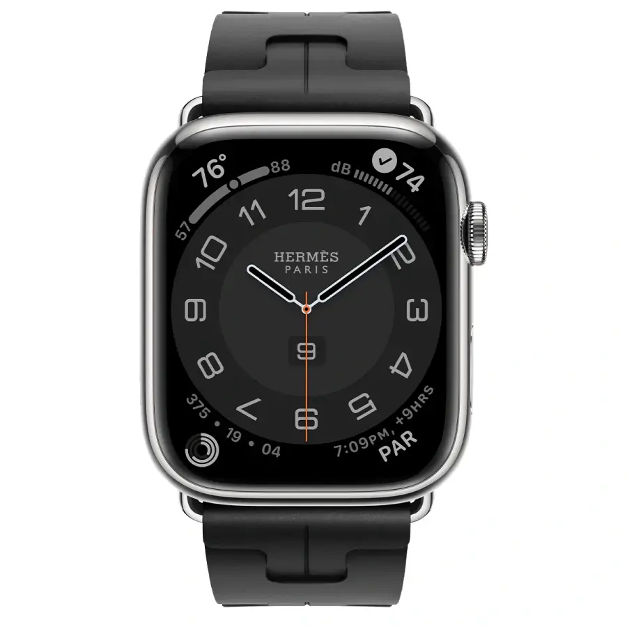 Apple Watch Hermès Series 9 GPS + Cellular 45mm Silver Stainless Steel Case with Noir Kilim Single Tour (MRQP3+MTHX3)