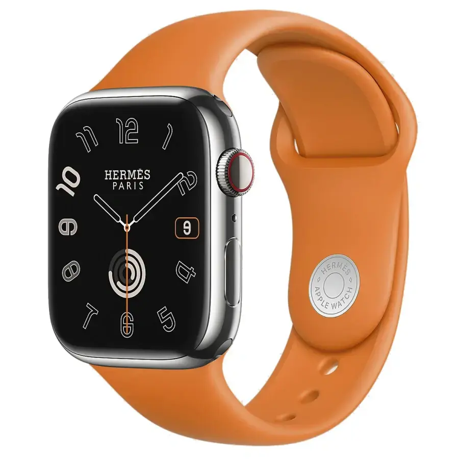 Apple Watch Hermès Series 9 GPS + Cellular 45mm Silver Stainless Steel Case with Orange Kilim Single Tour (MRQP3+MTJ03)