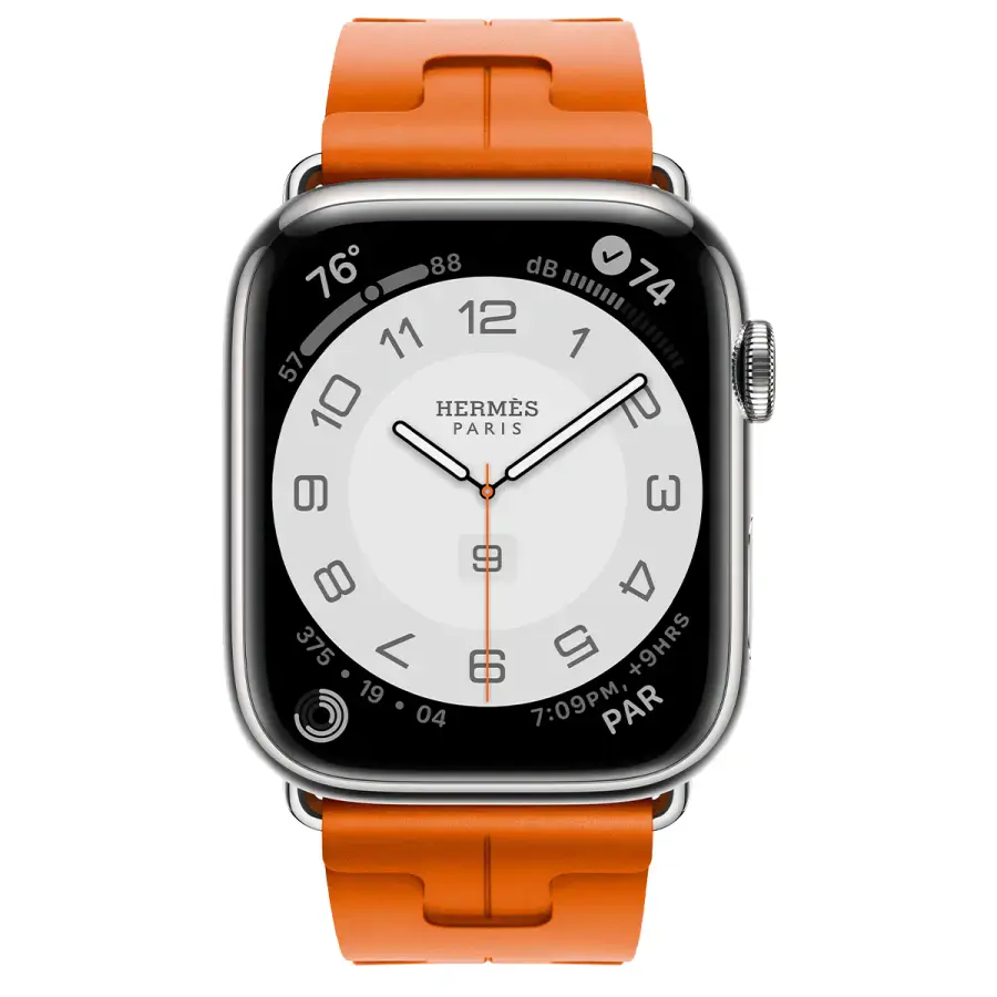 Apple Watch Hermès Series 9 GPS + Cellular 45mm Silver Stainless Steel Case with Orange Kilim Single Tour (MRQP3+MTJ03)