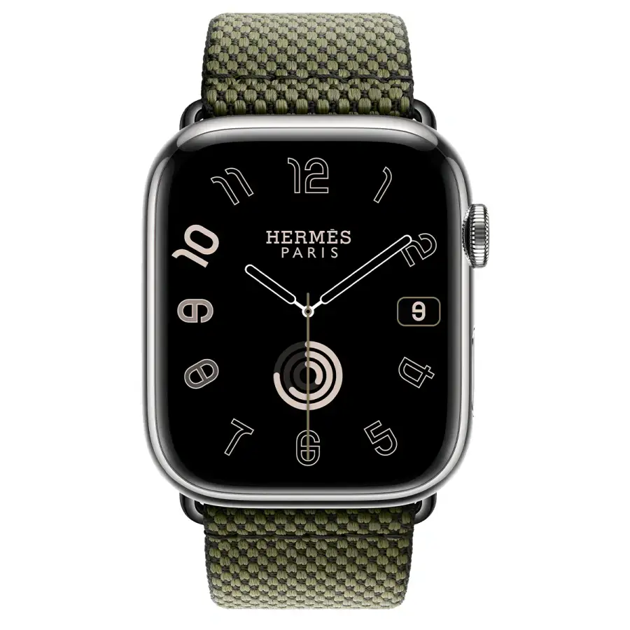 Apple Watch Hermès Series 9 GPS + Cellular 45mm Silver Stainless Steel Case with Vert/Noir Toile H Single Tour (MRQP3+MTJK3)