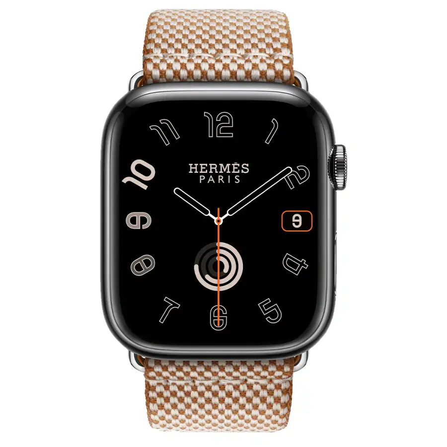 Apple Watch Hermès Series 9 GPS + Cellular 45mm Space Black Stainless Steel Case with Gold/Ecru Toile H Single Tour (MRQQ3+MTJJ3)