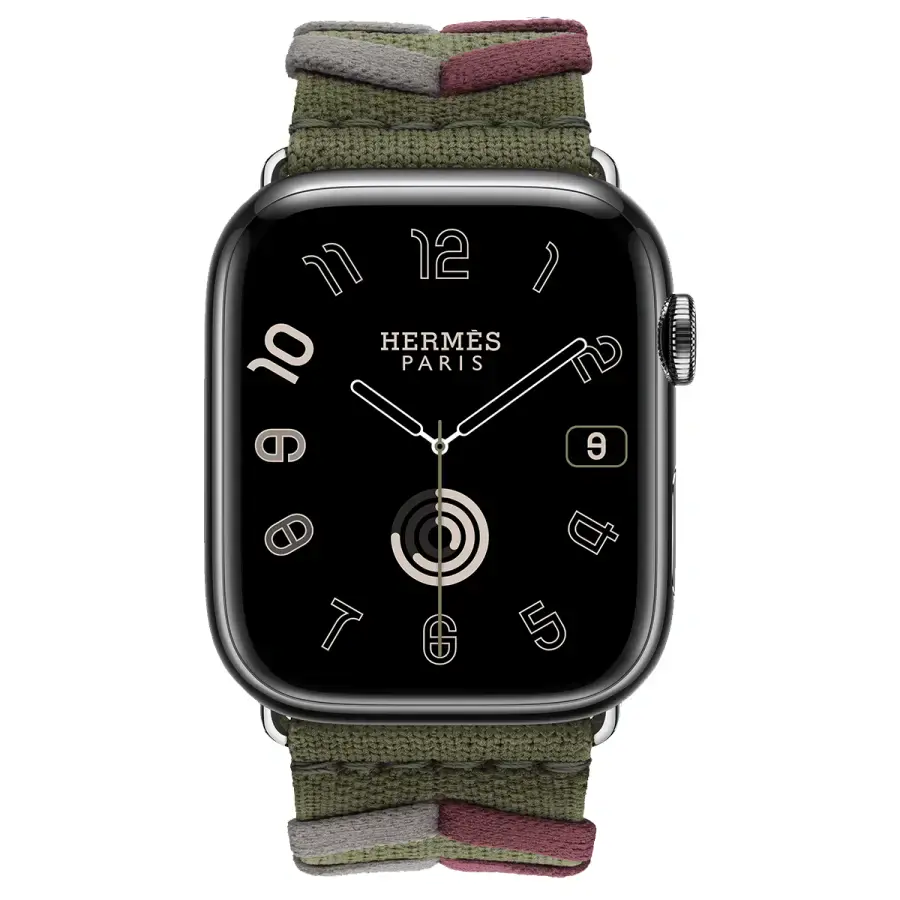 Apple Watch Hermès Series 9 GPS + Cellular 45mm Space Black Stainless Steel Case with Kaki Bridon Single Tour (MRQQ3+MTHR3)