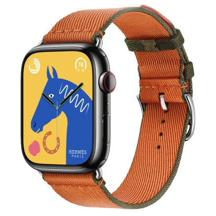 Apple Watch Hermès Series 9 GPS + Cellular 45mm Space Black Stainless Steel Case with Orange/Kaki Twill Jump Single Tour (MRQQ3+MTHK3)