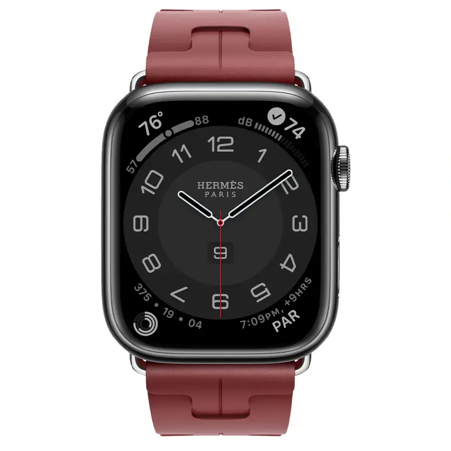 Apple Watch Hermès Series 9 GPS + Cellular 45mm Space Black Stainless Steel Case with Rouge H Kilim Single Tour (MRQQ3+MTJ13)