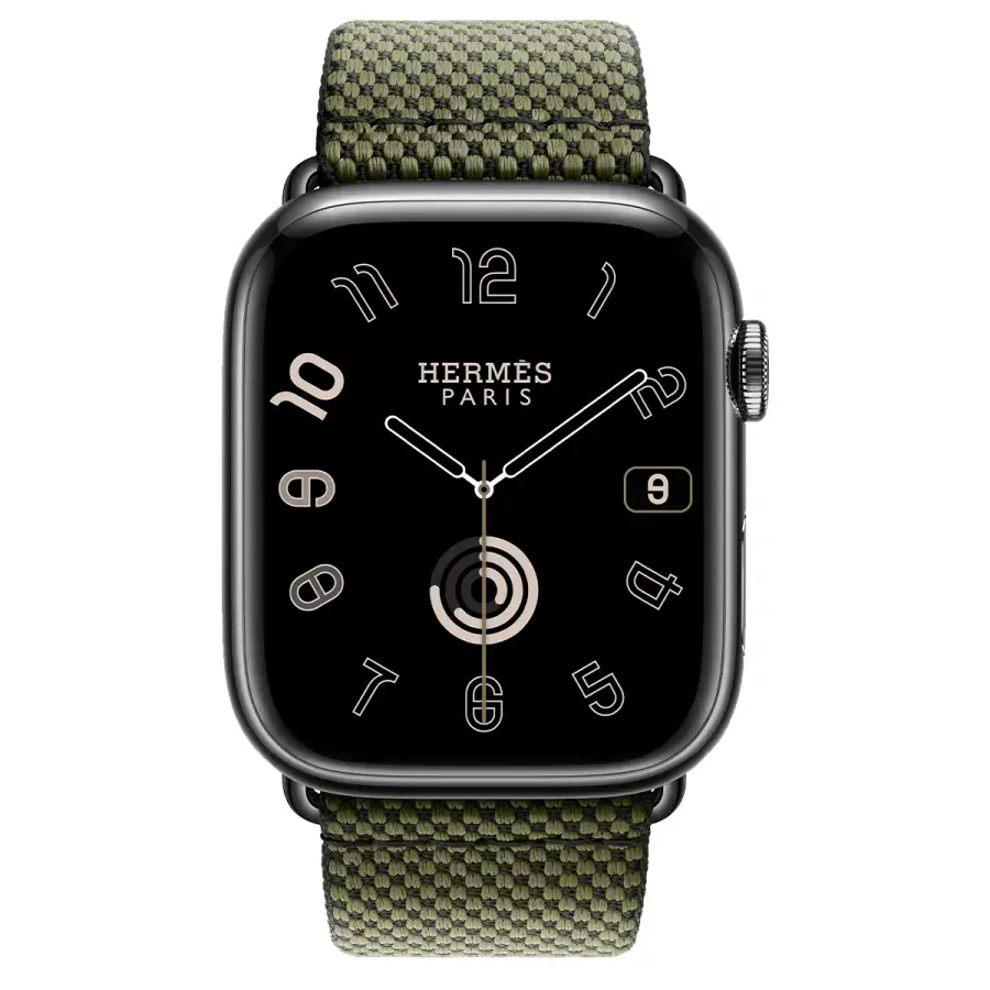 Apple Watch Hermès Series 9 GPS + Cellular 45mm Space Black Stainless Steel Case with Vert/Noir Toile H Single Tour (MRQQ3+MTJK3)