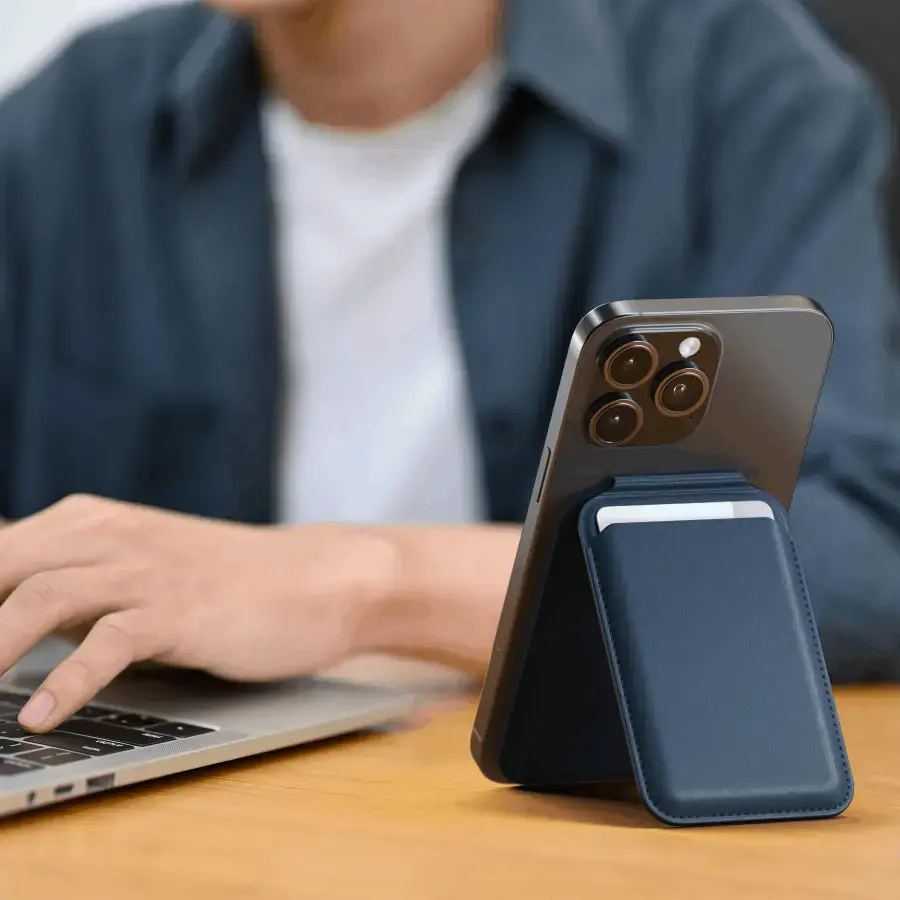 Гаманець для карток з підставкою для телефона Satechi Vegan-Leather Magnetic Wallet Stand with MagSafe - Dark Blue (ST-VLWB)