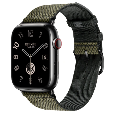 Apple Watch Hermès Series 9 GPS + Cellular 45mm Space Black Stainless Steel Case with Vert/Noir Toile H Single Tour (MRQQ3+MTJK3)