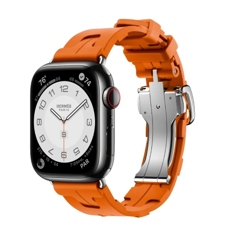 Apple Watch Hermès Series 9 GPS + Cellular 41mm Space Black Stainless Steel Case with Orange Kilim Single Tour (MRQ53+MTHV3)