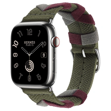 Apple Watch Hermès Series 9 GPS + Cellular 45mm Silver Stainless Steel Case with Kaki Bridon Single Tour (MRQP3+MTHR3)