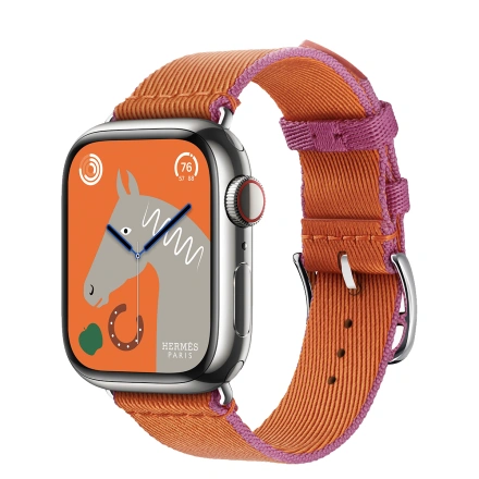 Apple Watch Hermès Series 9 GPS + Cellular 41mm Silver Stainless Steel Case with Orange/Rose Mexico Twill Jump Single Tour (MRQ43+MTHG3)