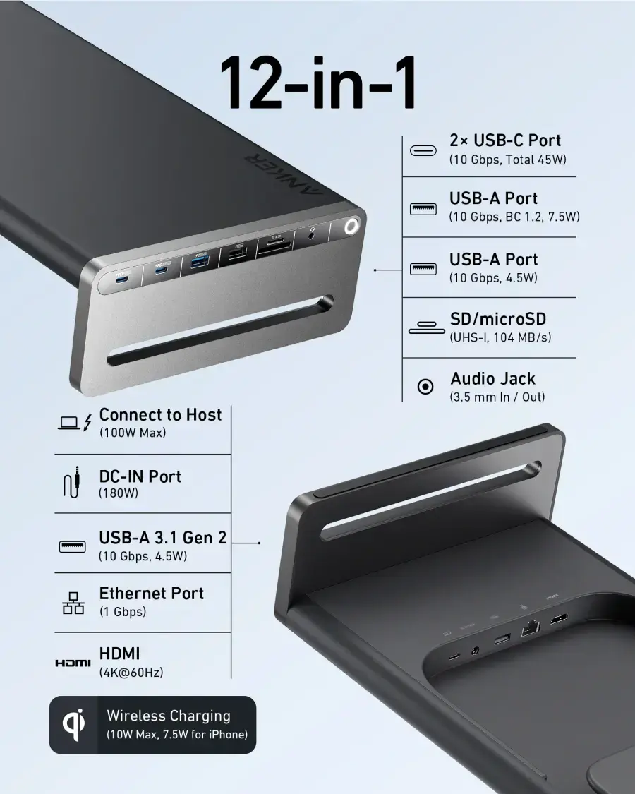 Док-станція Anker 675 USB-C Docking Station [12-in-1, Monitor Stand, Wireless]
