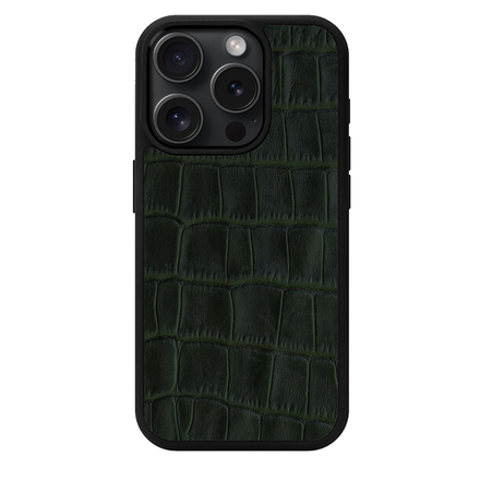 Чехол Kartell из темно-зеленого тиснения под крокодила на телячьей коже для iPhone 15 Pro с MagSafe (M15P36)