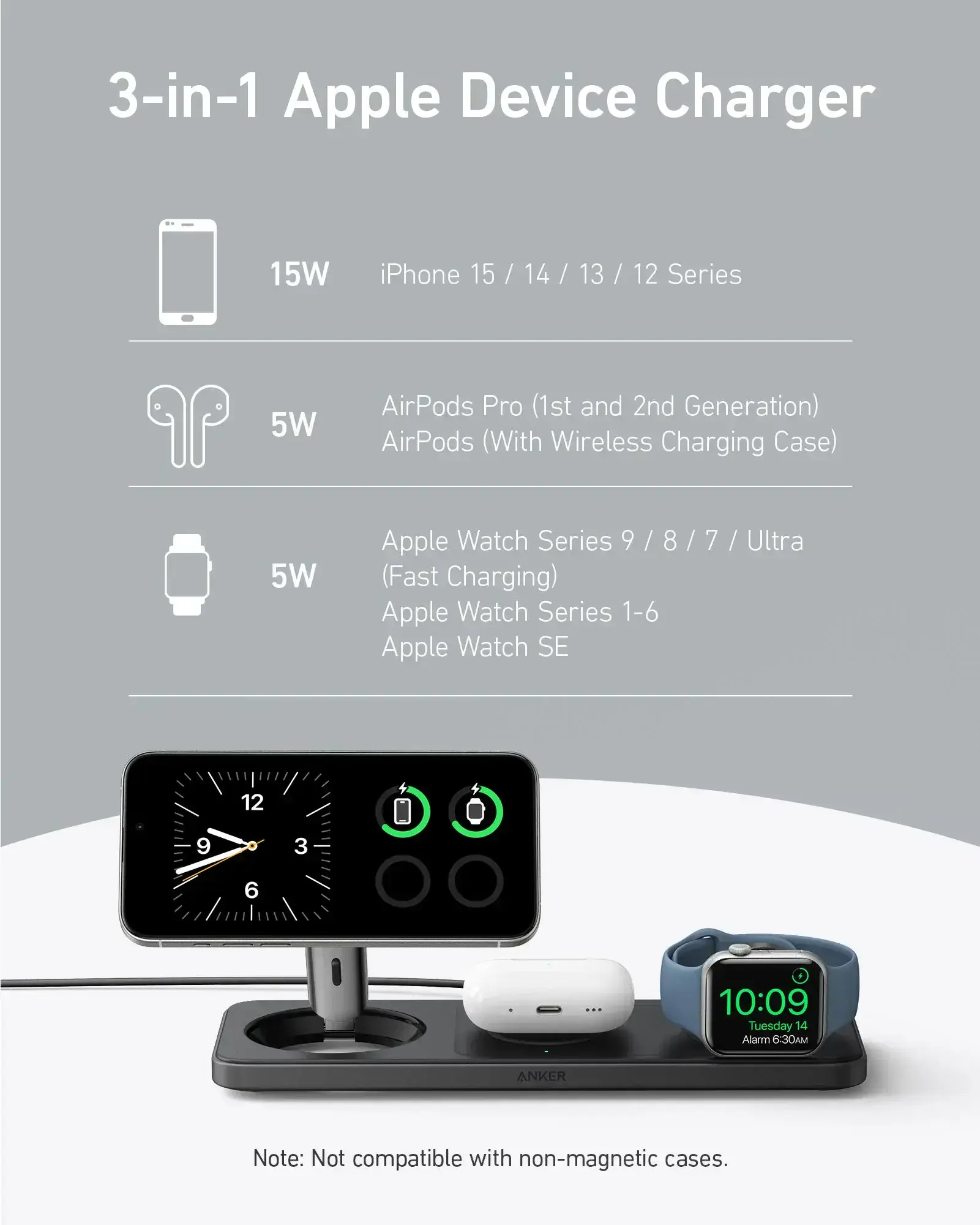 Беспроводная зарядная станция Anker MagGo Wireless Charging Station [3-in-1 Pad] - Black (B25M1311)