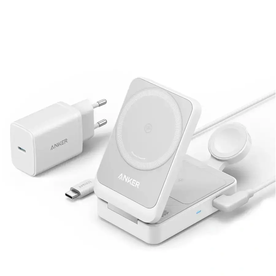 Бездротова зарядна станція Anker MagGo Wireless Charging Station [Foldable 3-in-1] - White