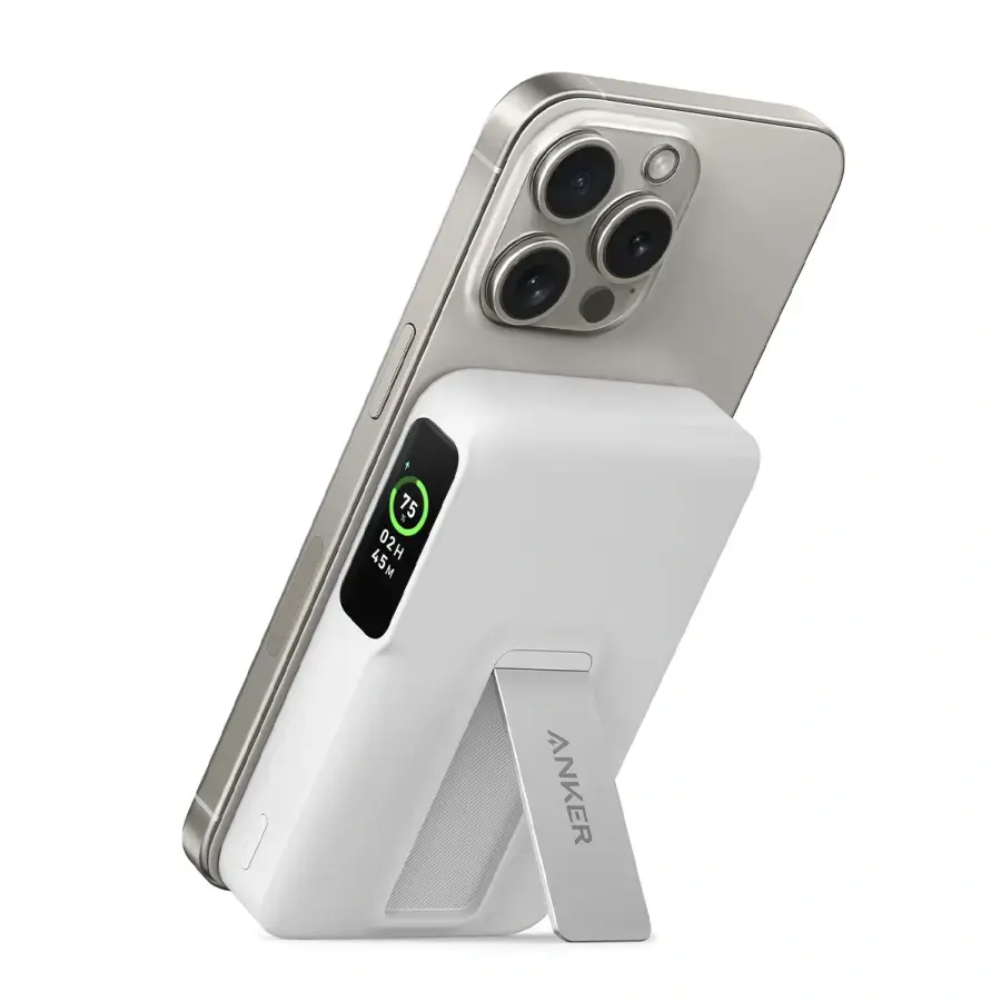 Магнитный павербанк с экраном и подставкой Anker MagGo Power Bank 10K 15W Qi2 - White (A1654021, A1654P21)